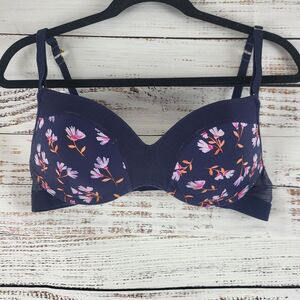 Lively Bra 34C Womens Blue Floral Print Wireless Adjustable Straps